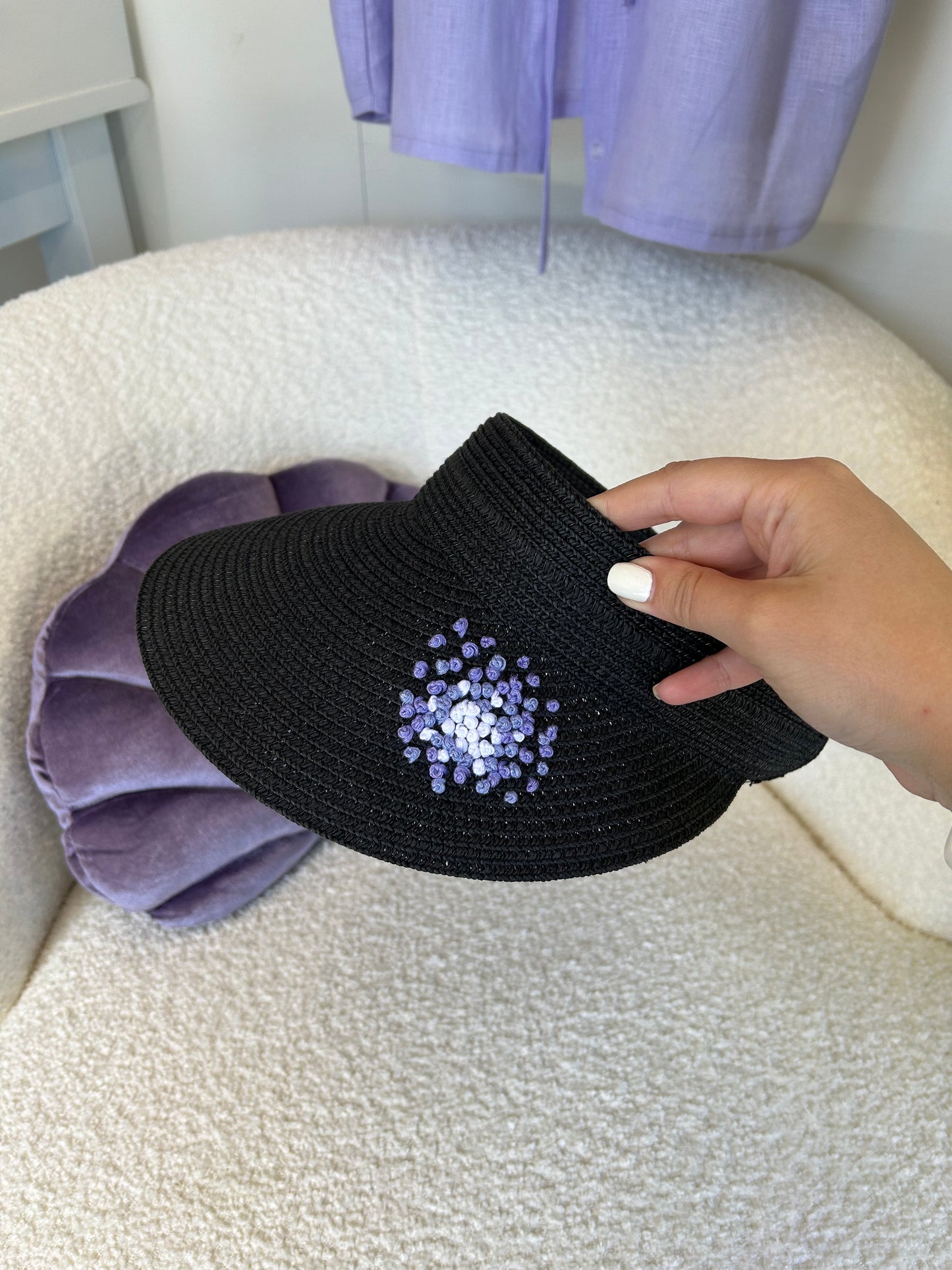 Straw Visor Hat with Hydrangea Embroidery