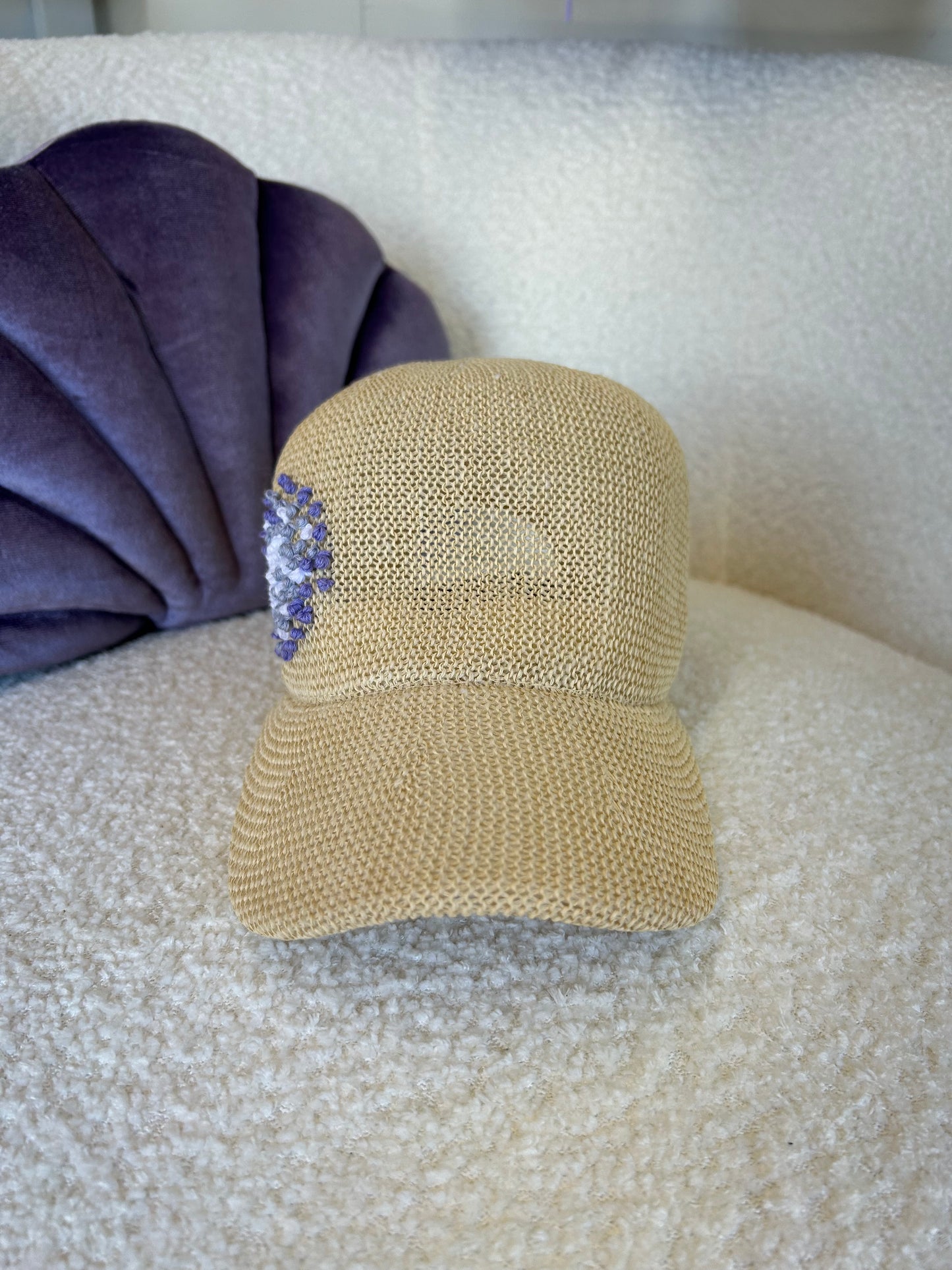 Straw Baseball Hat with Hydrangea Embroidery