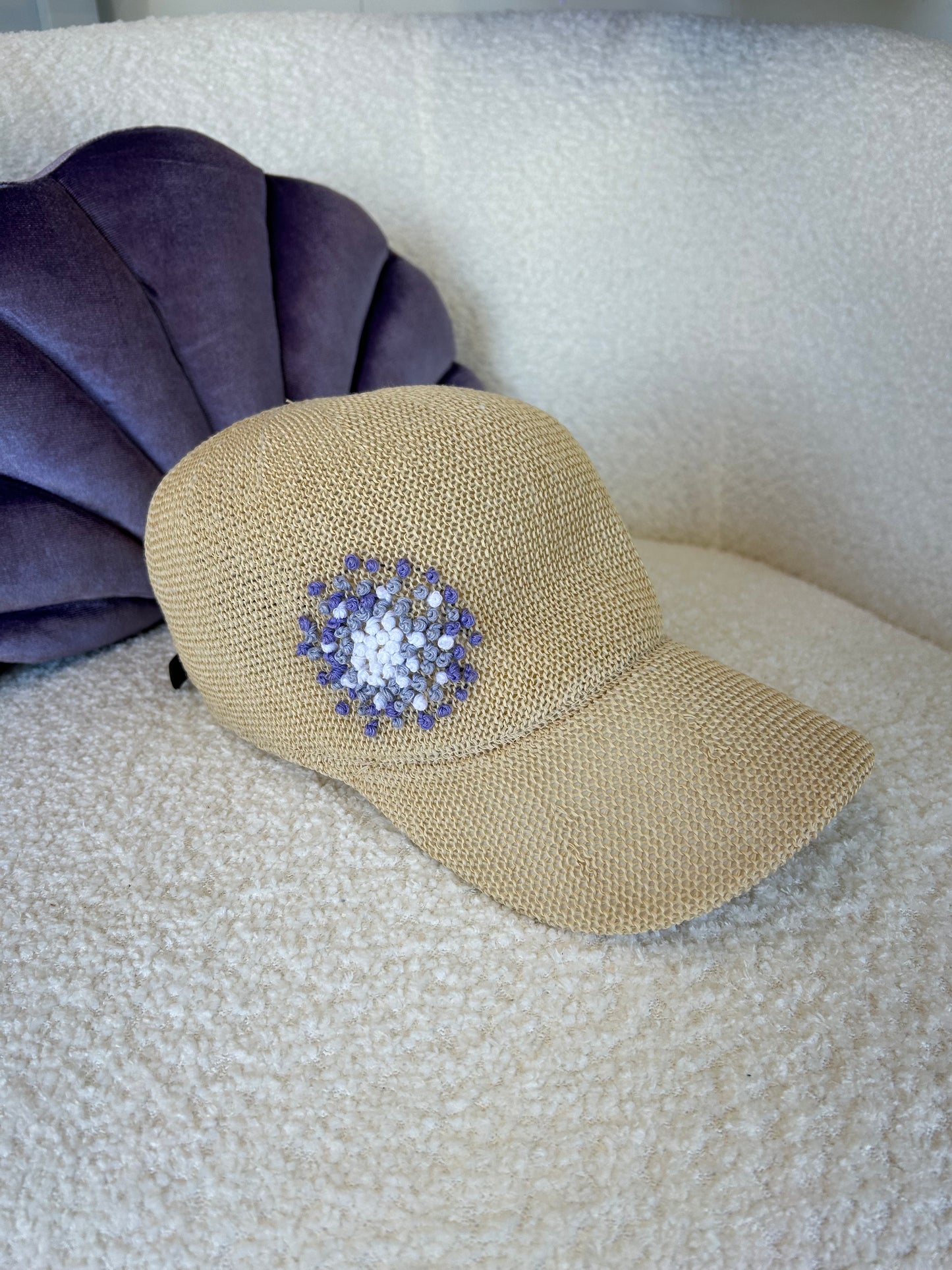 Straw Baseball Hat with Hydrangea Embroidery