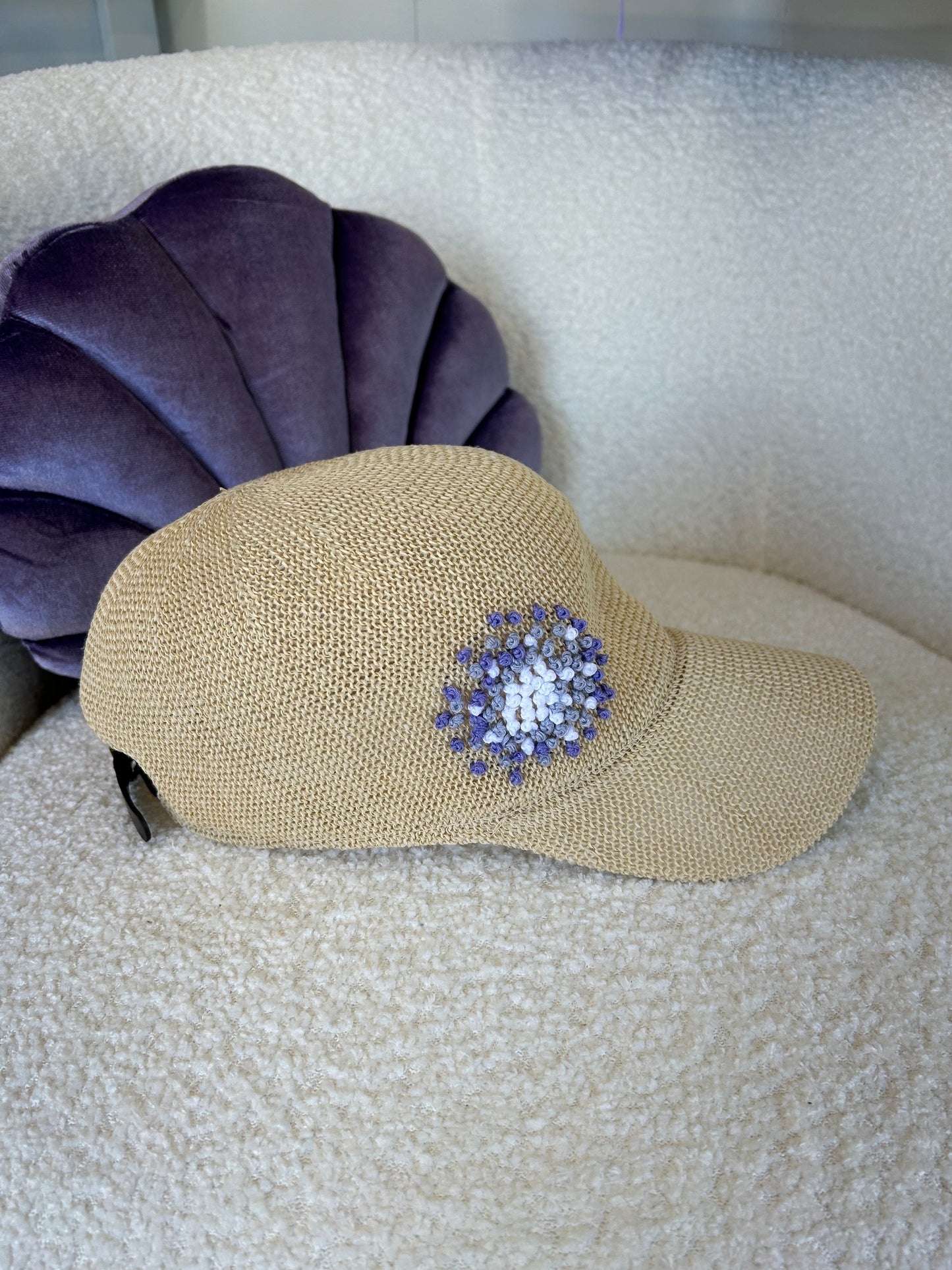 Straw Baseball Hat with Hydrangea Embroidery