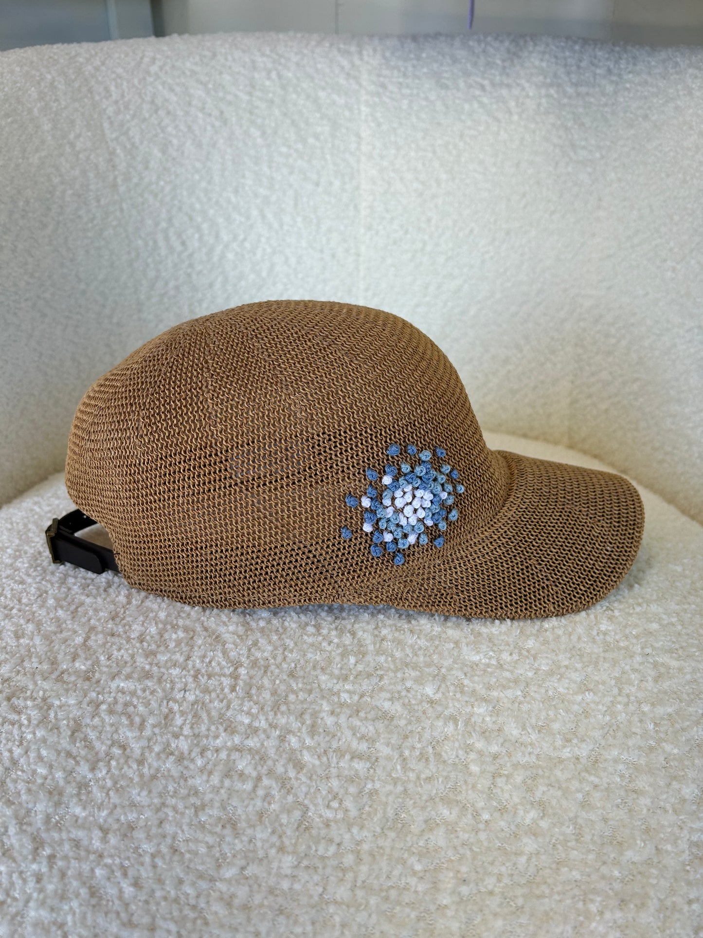 Straw Baseball Hat with Hydrangea Embroidery