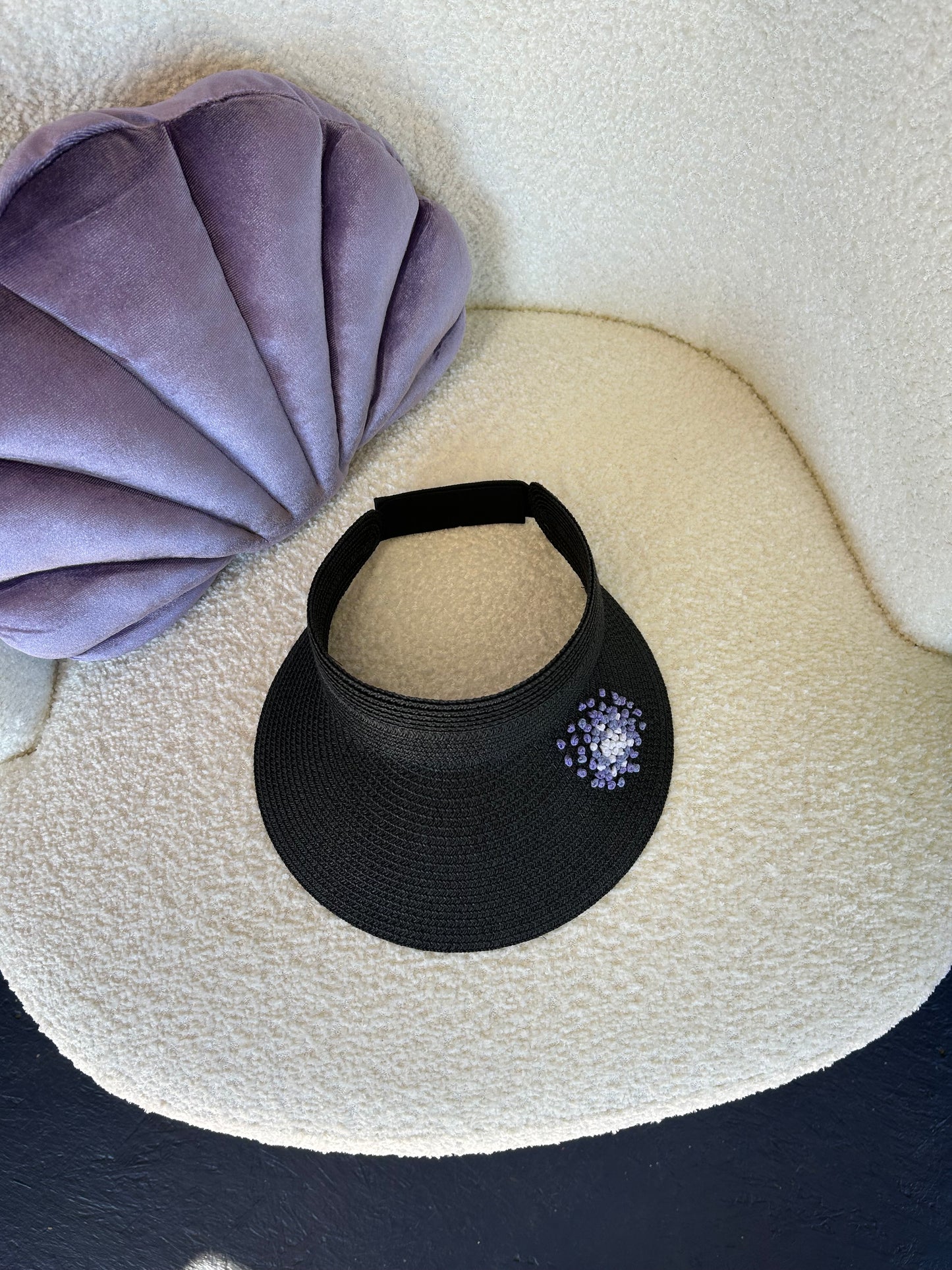 Straw Visor Hat with Hydrangea Embroidery