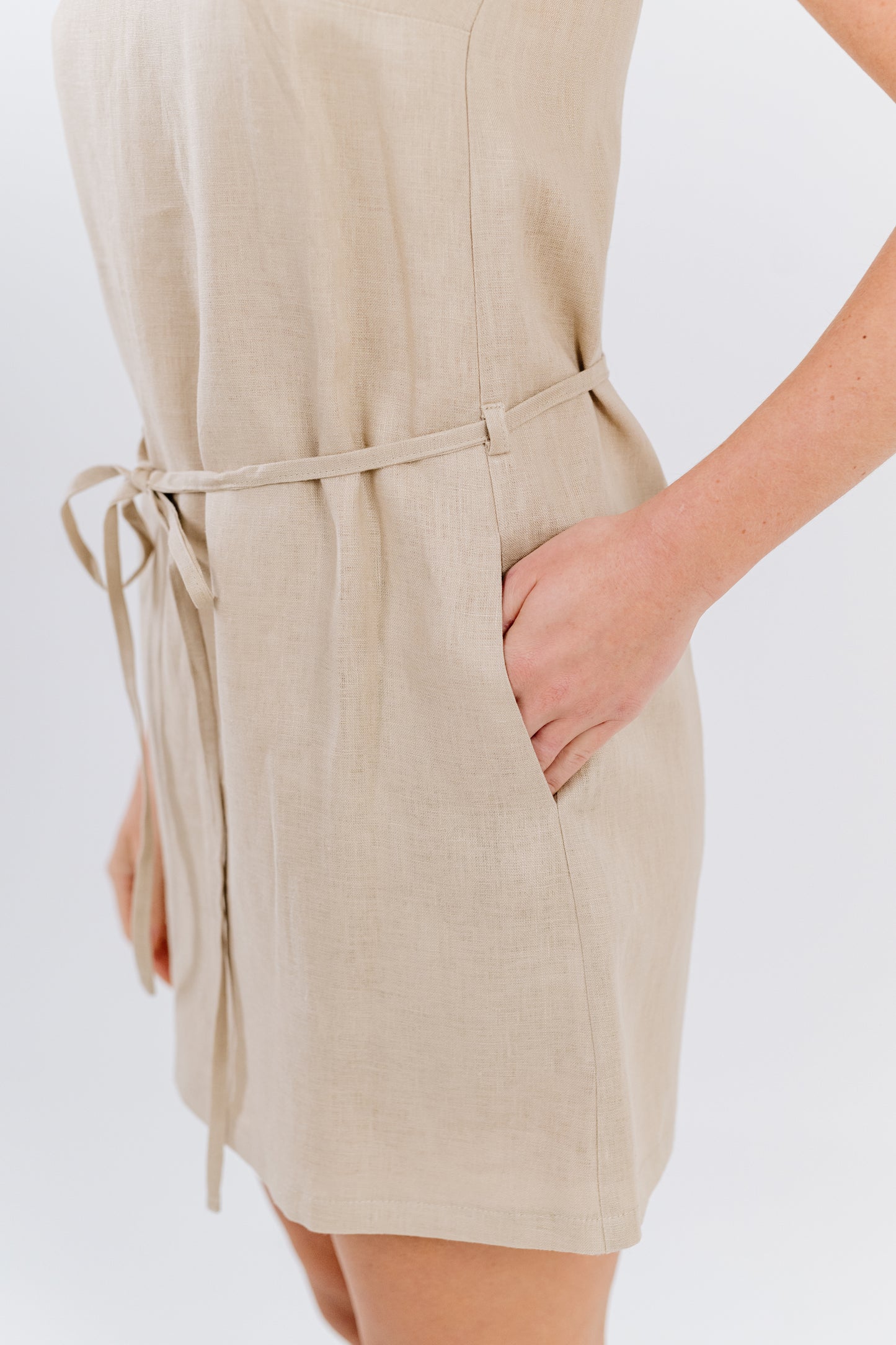 Sand Beige Linen Spaghetti Dress
