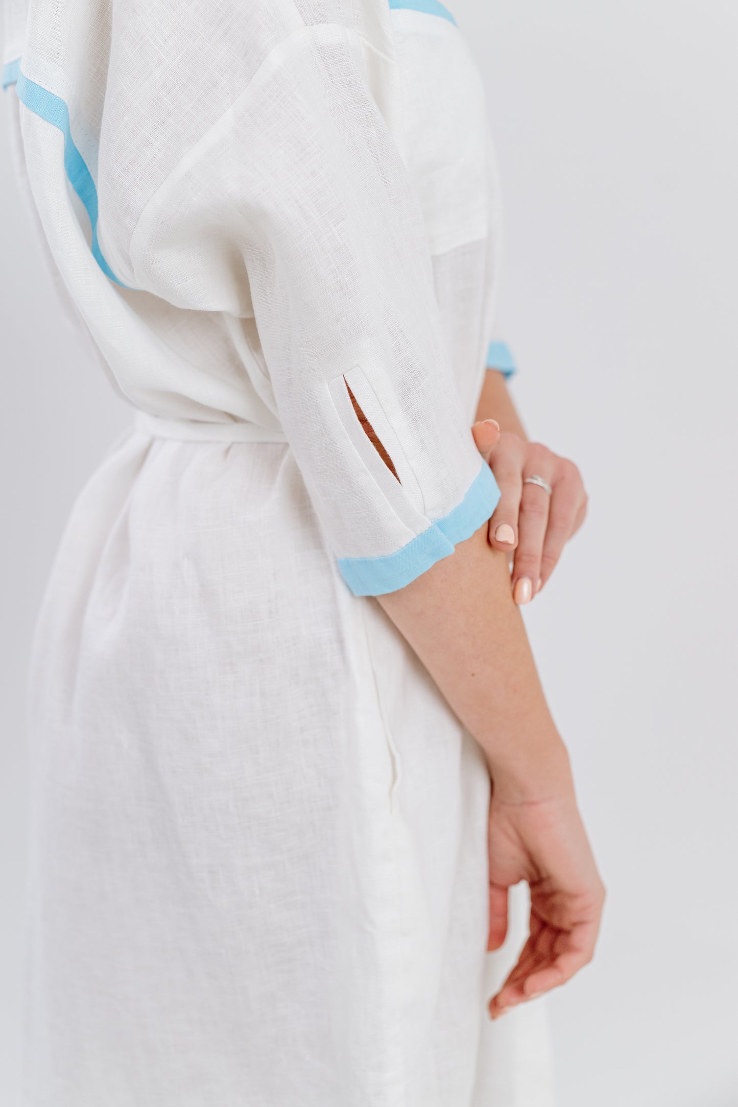 MW Button Down Linen Dress in White with Blue Trim
