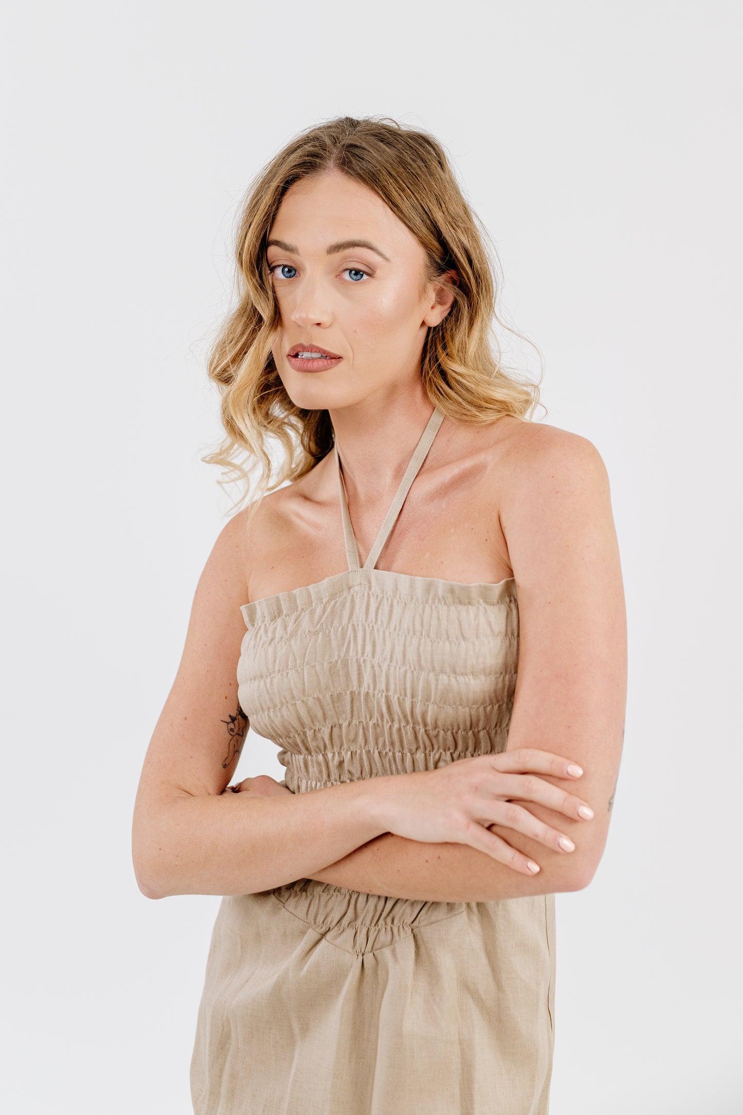 Sand Beige Crinkle Top Short Dress