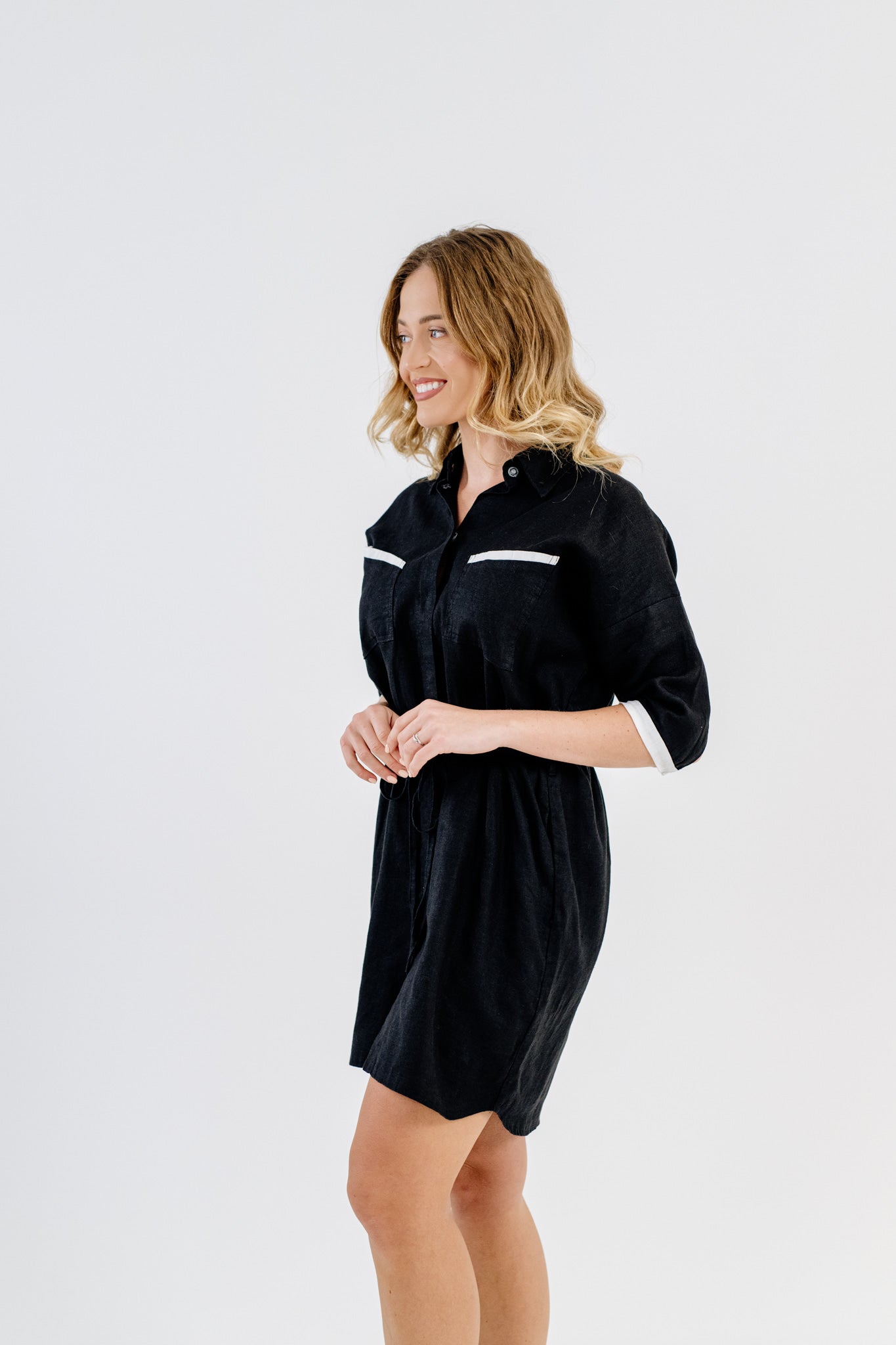 MW Button Down Linen Dress in Black