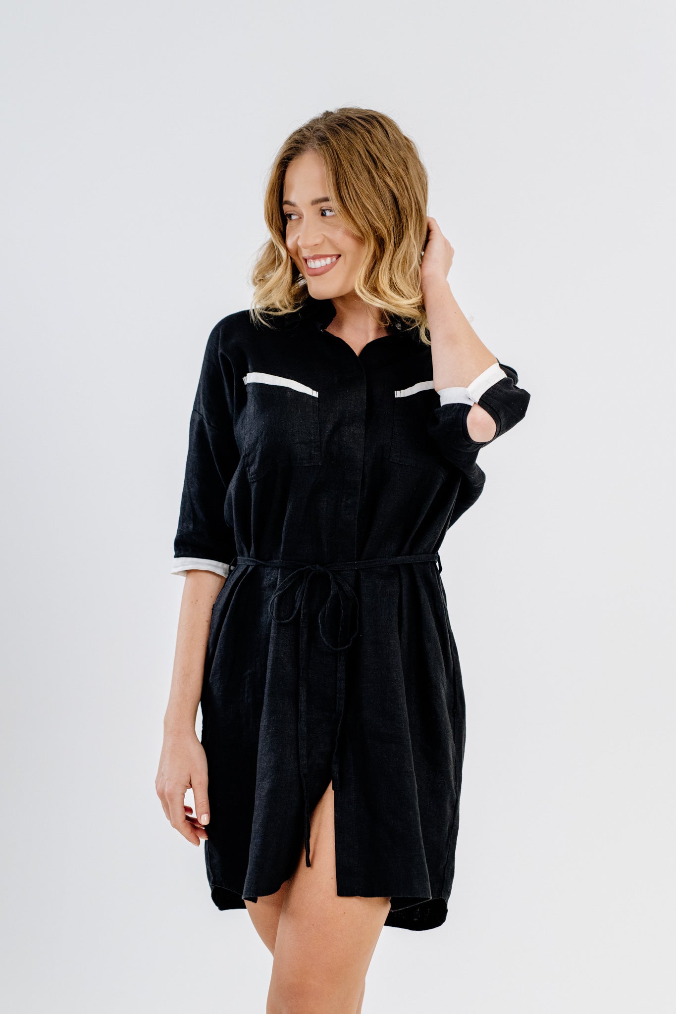 MW Button Down Linen Dress in Black