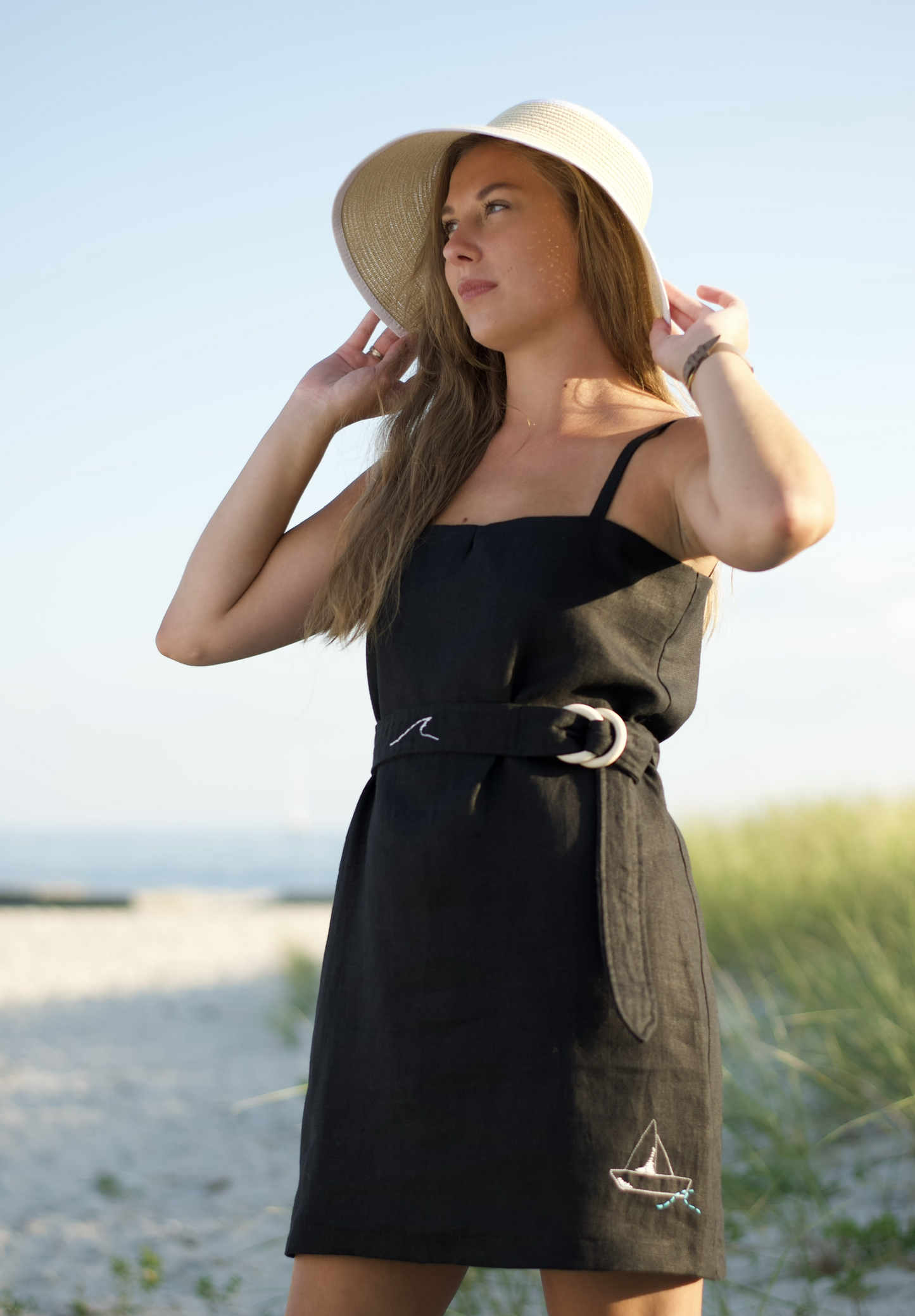 Black Linen Spaghetti Beach dress with nautical embroidery detail