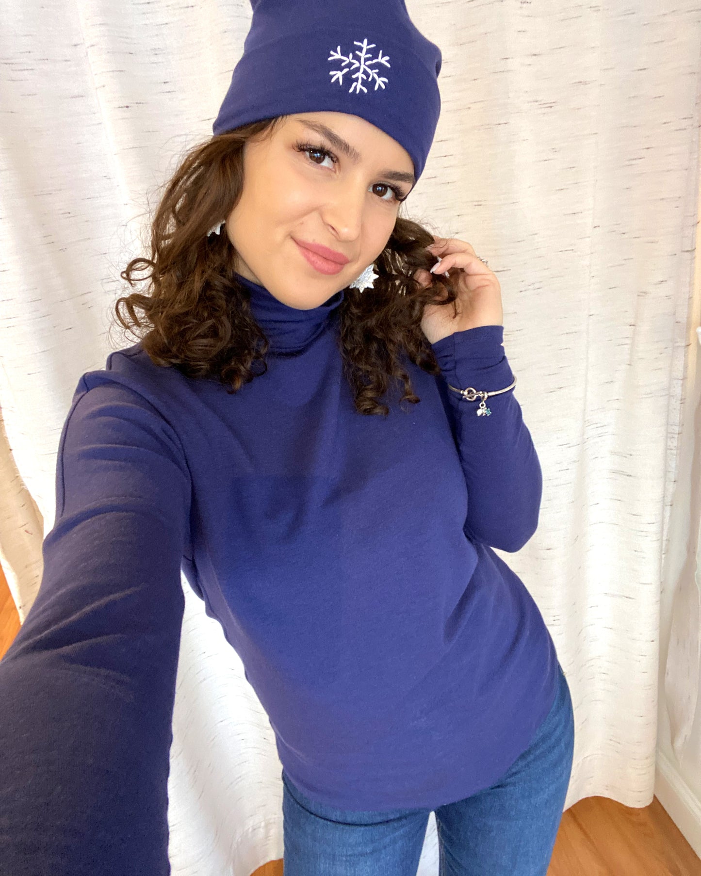 Navy Blue Beanie Hat with Snowflake