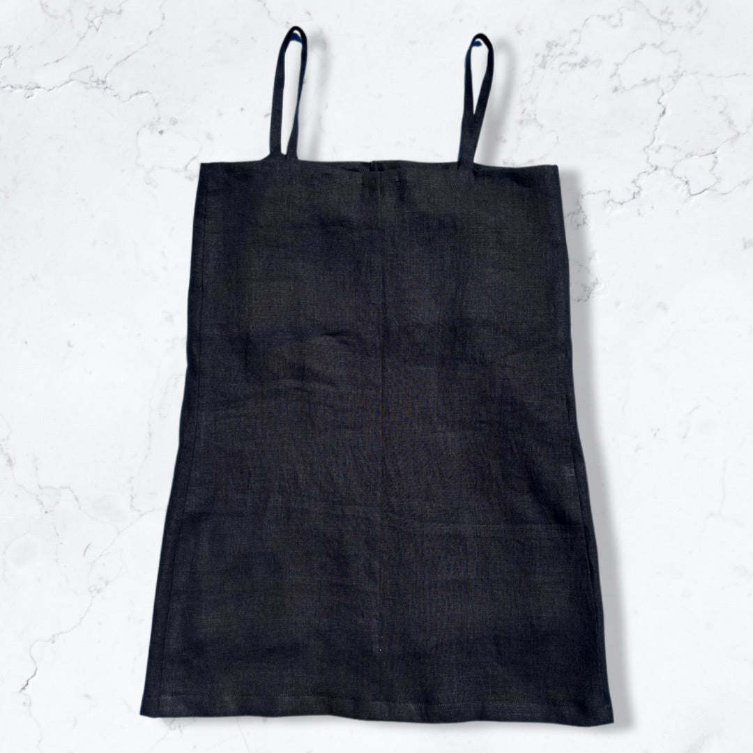 Black Linen Spaghetti Beach dress with nautical embroidery detail