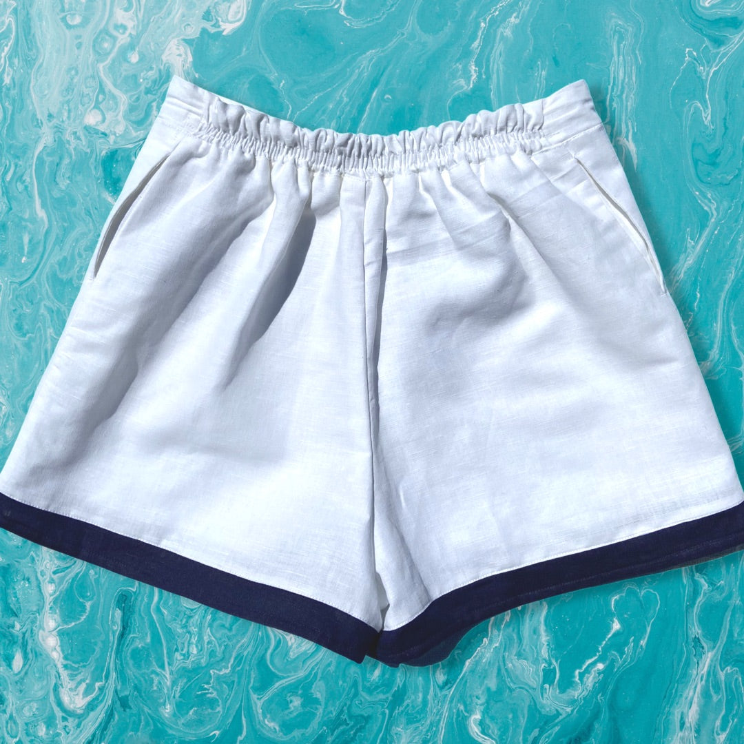 White Linen High Waisted Shorts with Hand Embroidered Sailboat Detail