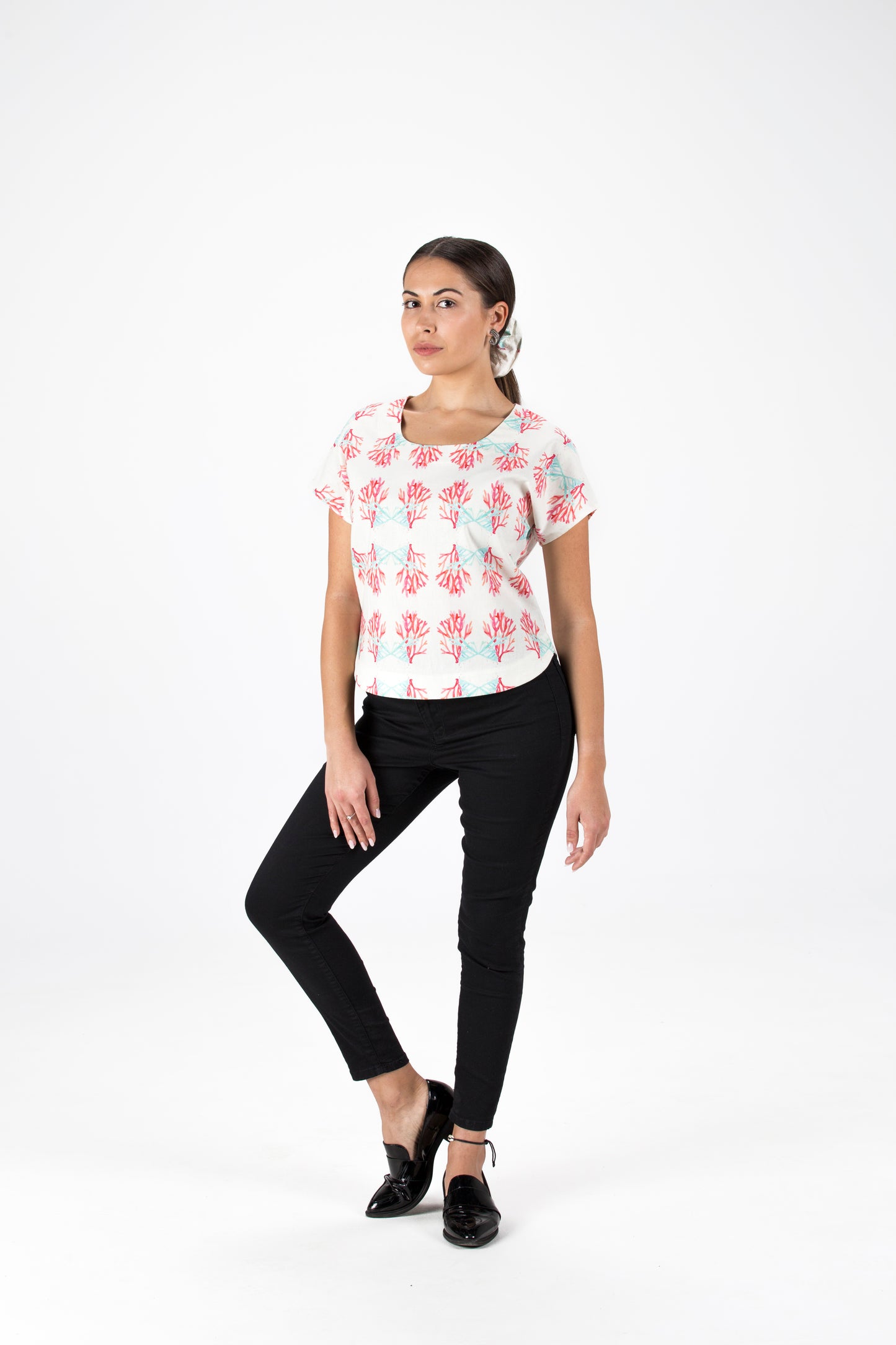 Hot Pink Coral Print Short Sleeve Linen/Cotton Shirt