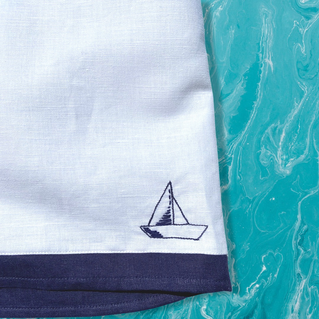 White Linen High Waisted Shorts with Hand Embroidered Sailboat Detail