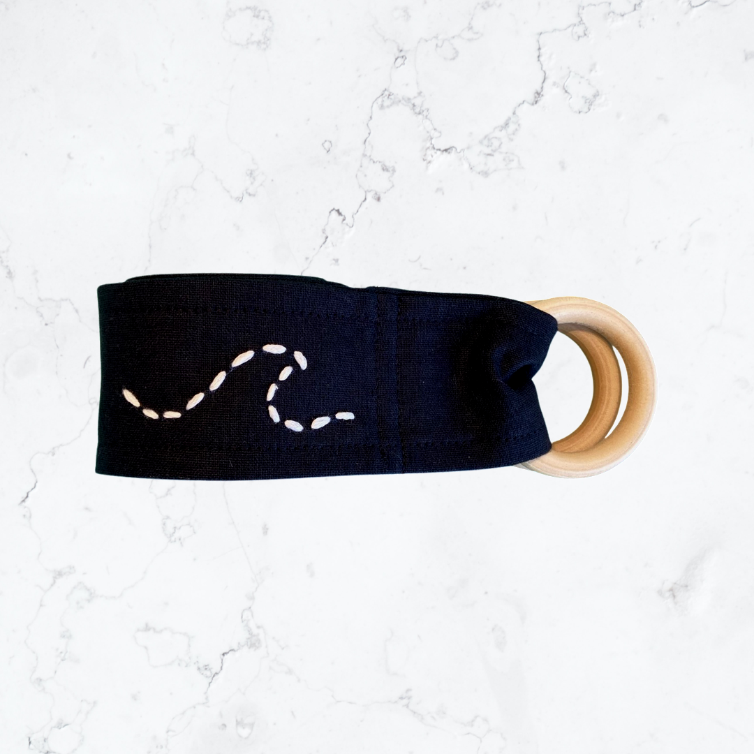 Black Linen Handmade Belt with Wave Embroidery