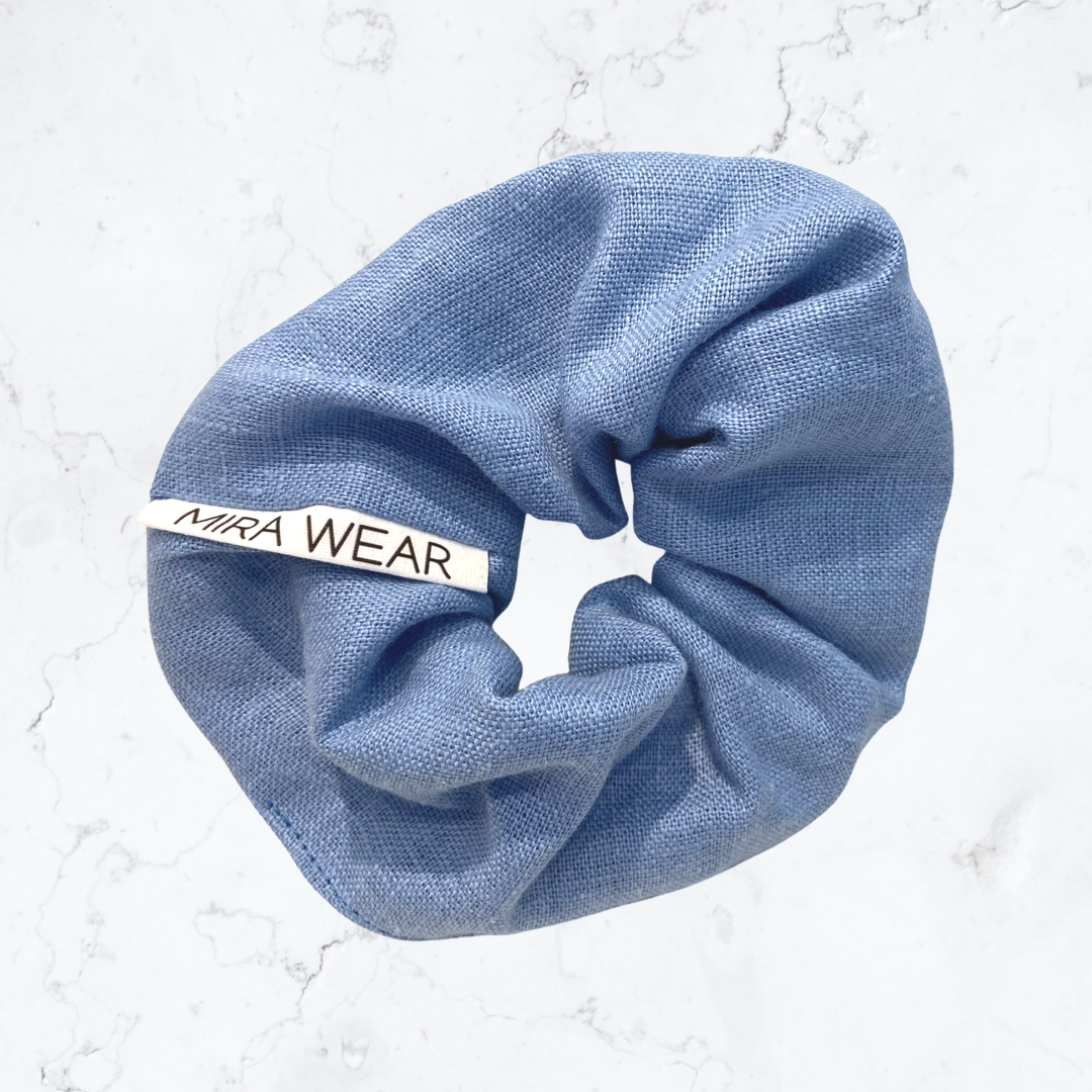Azzuro Blue Linen Branded Scrunchie