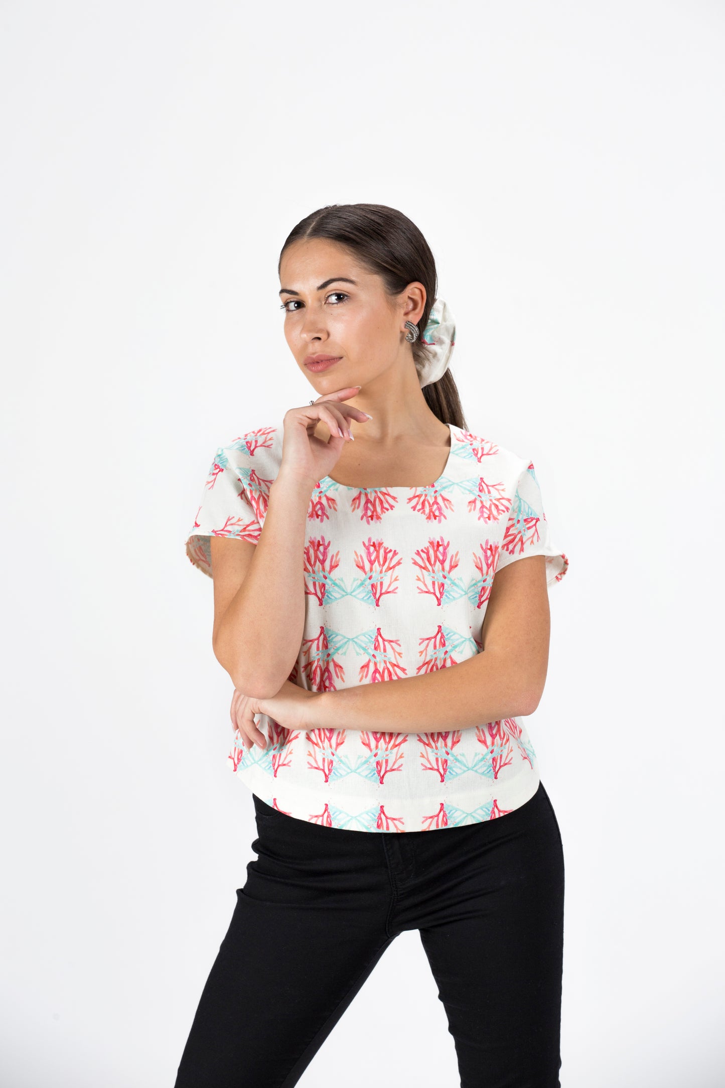 Hot Pink Coral Print Short Sleeve Linen/Cotton Shirt