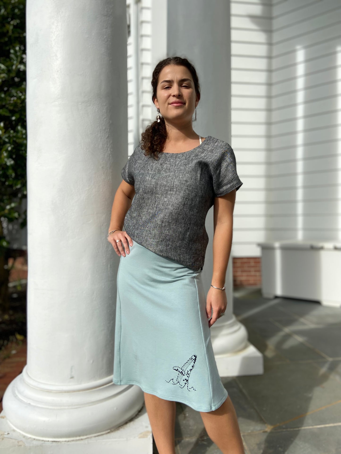 Pastel Mint Organic Cotton flare Skirt with Whale Hand Embroidery