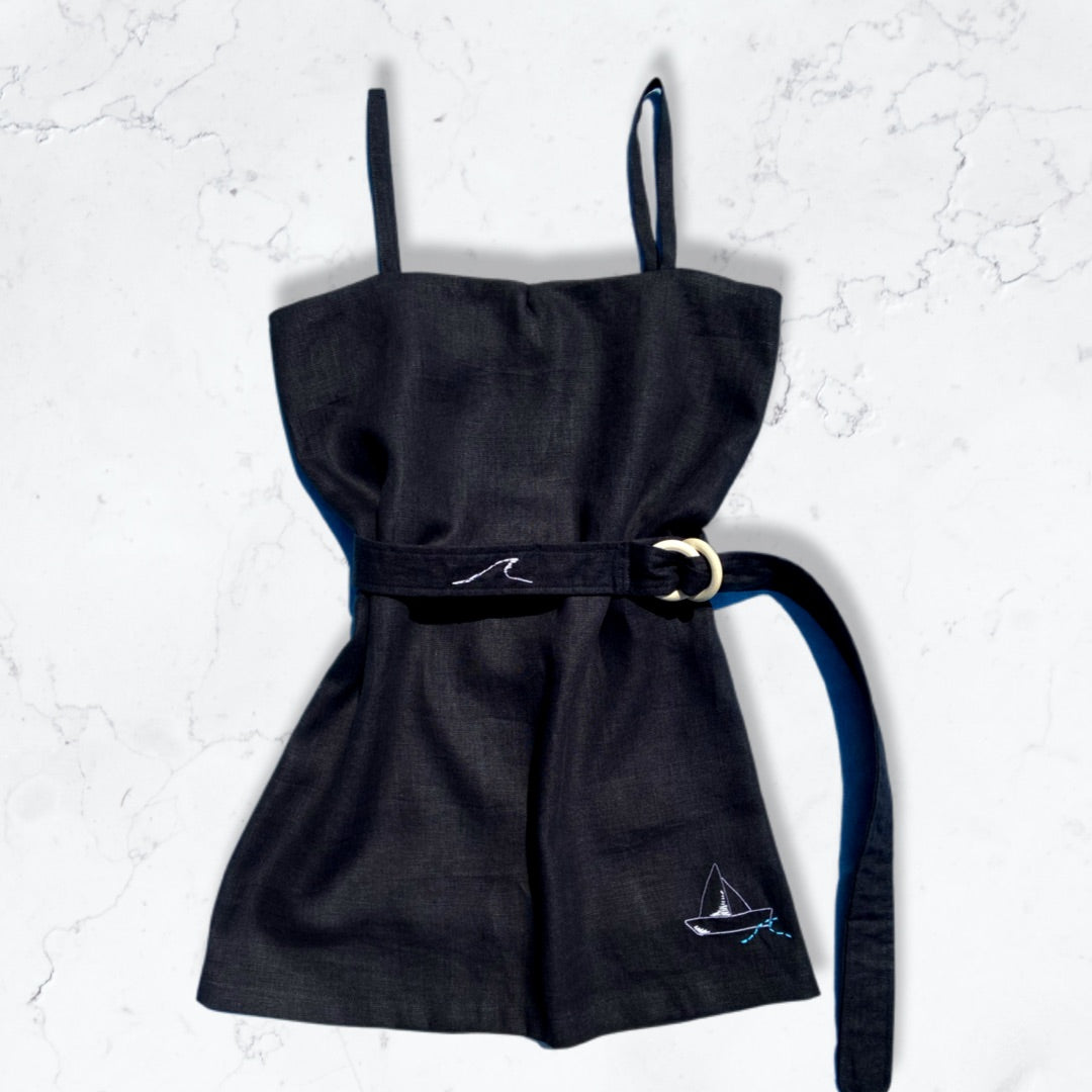 Black Linen Spaghetti Beach dress with nautical embroidery detail
