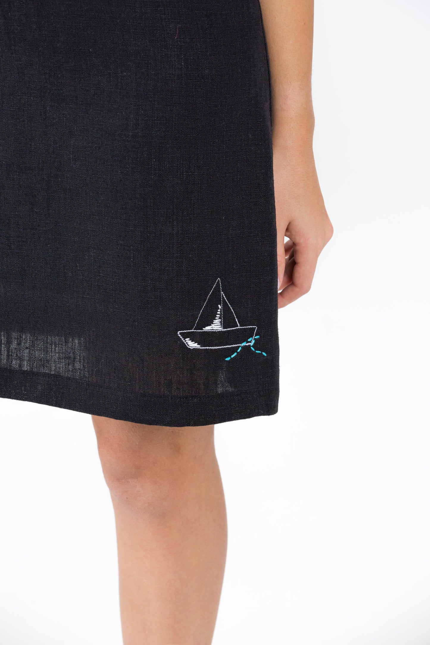 Black Linen Spaghetti Beach dress with nautical embroidery detail