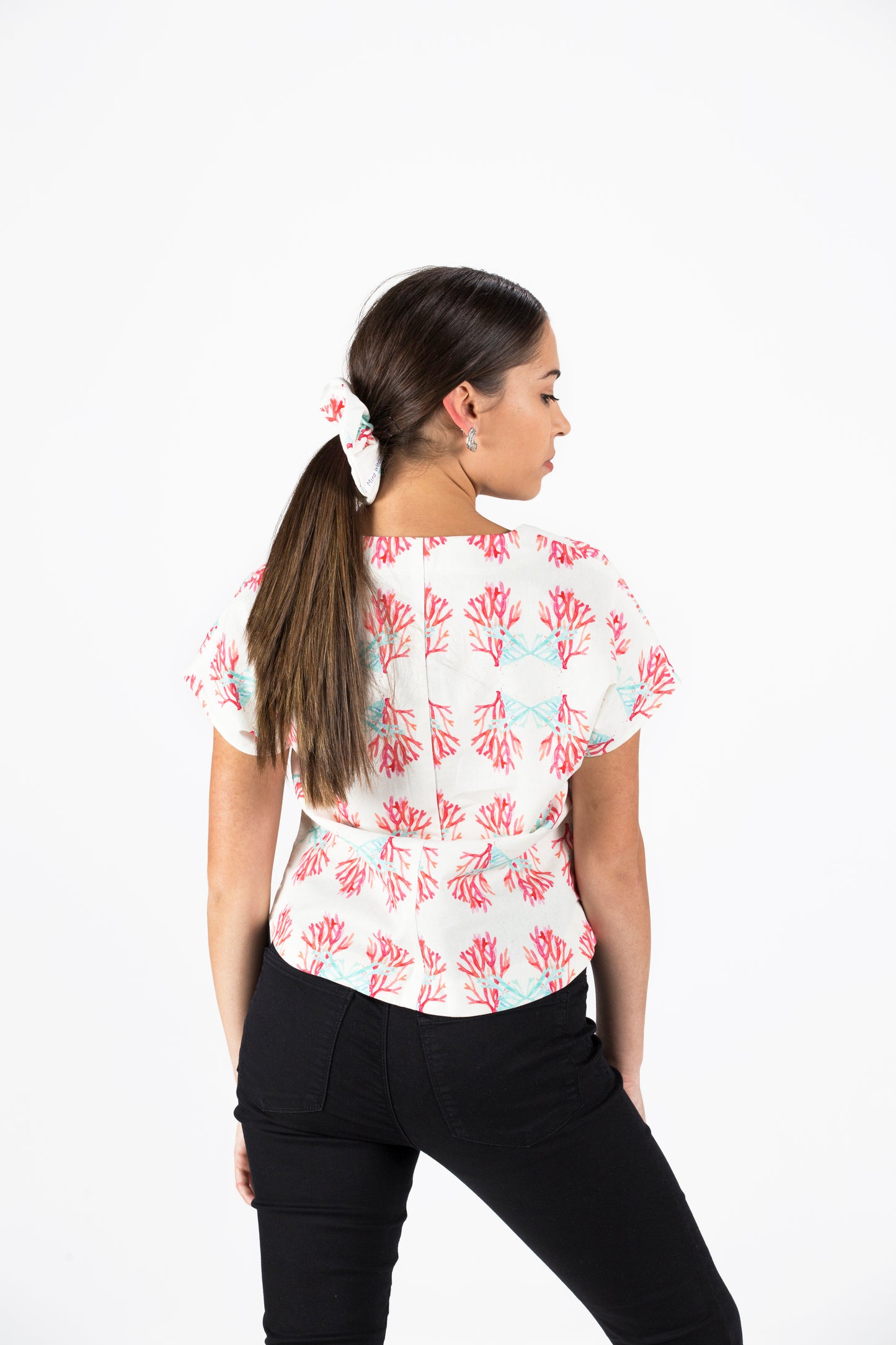 Hot Pink Coral Print Short Sleeve Linen/Cotton Shirt