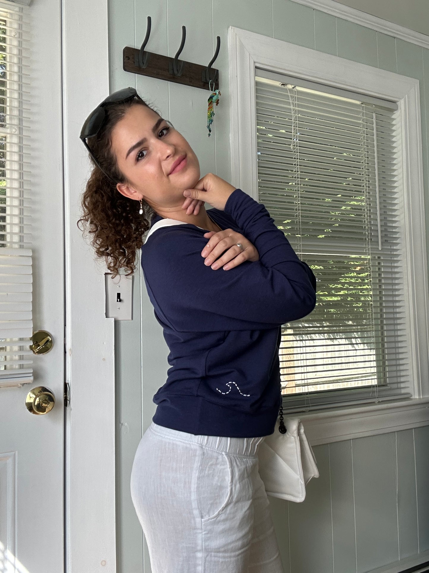 Navy Blue Sweater with Wave Hand Embroidery
