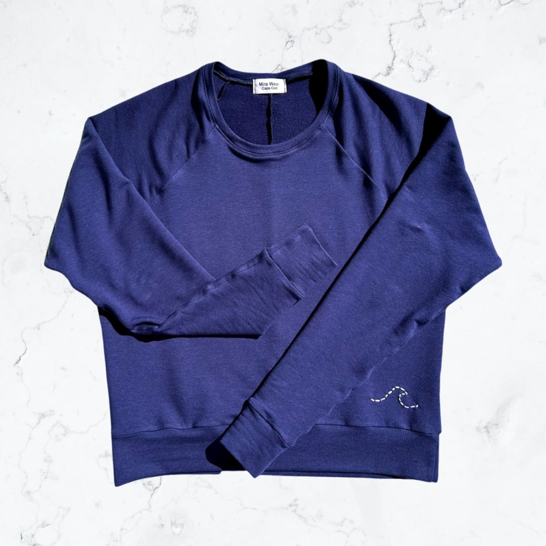 Navy Blue Sweater with Wave Hand Embroidery