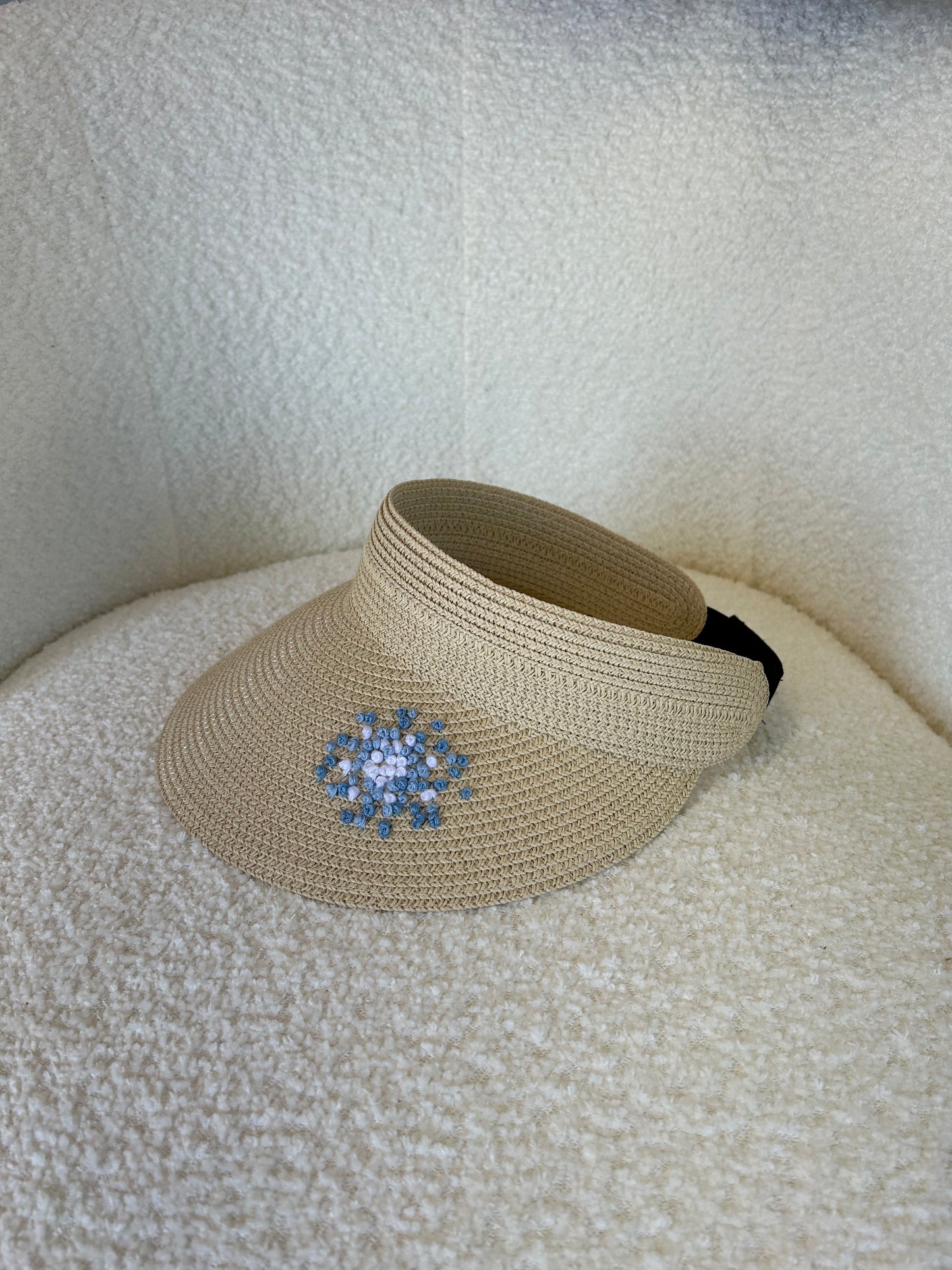 Straw Visor Hat with Hydrangea Embroidery