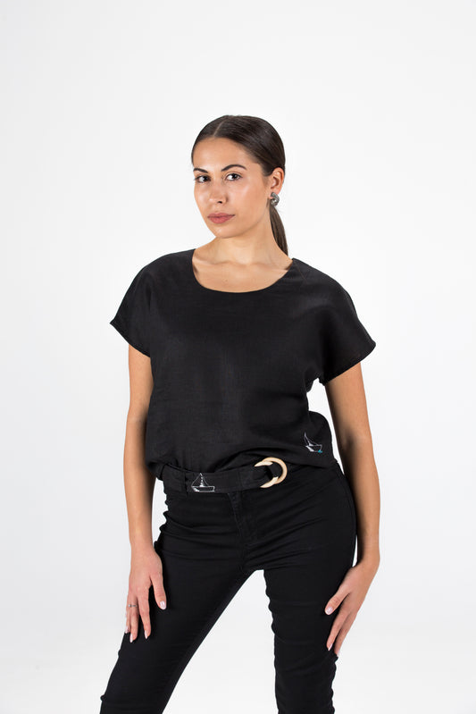 Black Linen Belt with Sailboat Embroidery